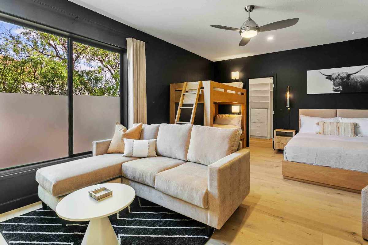 Stylish modern room with a light beige sectional sofa