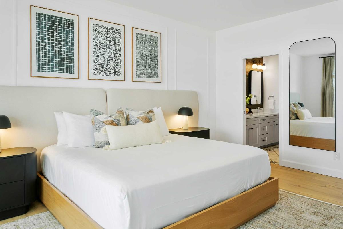 Minimalist bedroom with a large bed