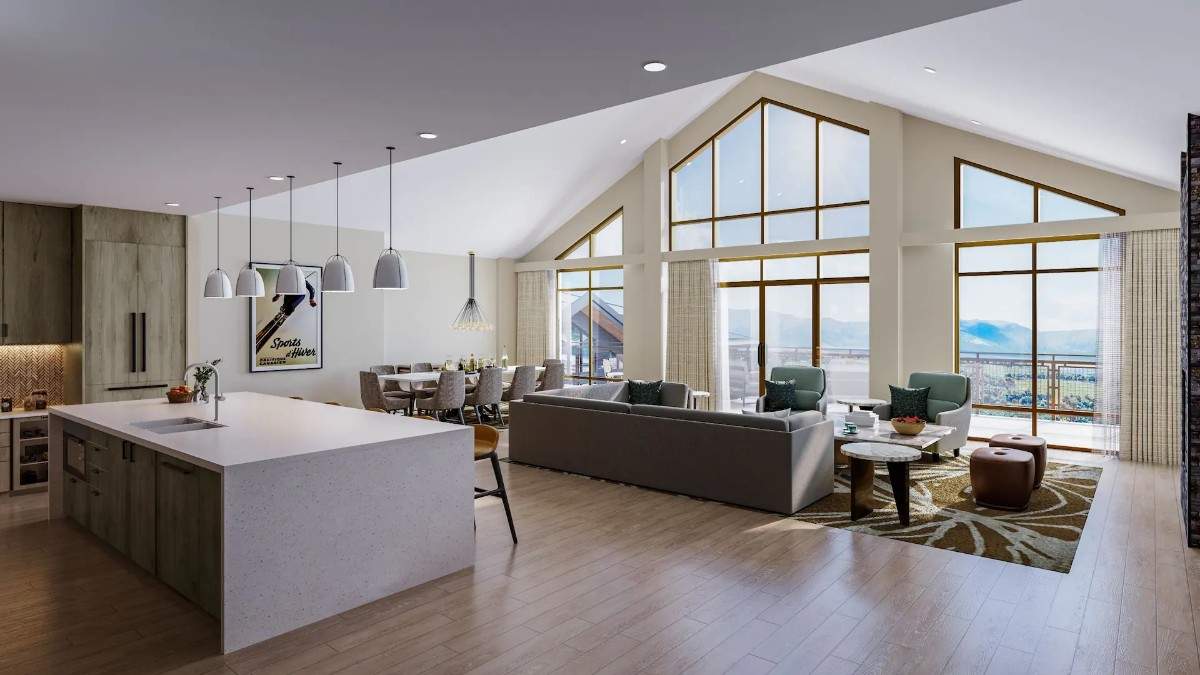 Spacious modern living room with high ceilings